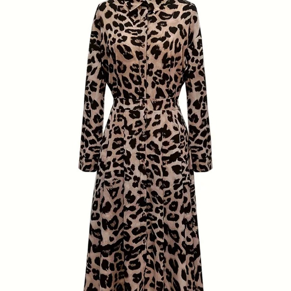 Leopard Print Maxi Dress, Casual Button Front Long Sleeve Dress - Picture 2 of 4